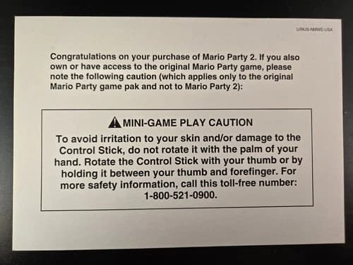 Mario Party 2 N64 OEM Caution Card Insert Control Stick Warning CIB Nintendo