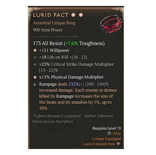 Diablo 4 Season 13 Lurid Pact 2GA 232% Unique Ring Warlock Item Equipment Gear