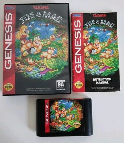 Original 1993 Joe & Mac Sega Genesis Complete Video Game W/ Case & Book TESTED