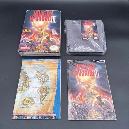 Dragon Warrior III 3 Nintendo NES w/ Explorers Handbook, Weapons Chart - Map CIB
