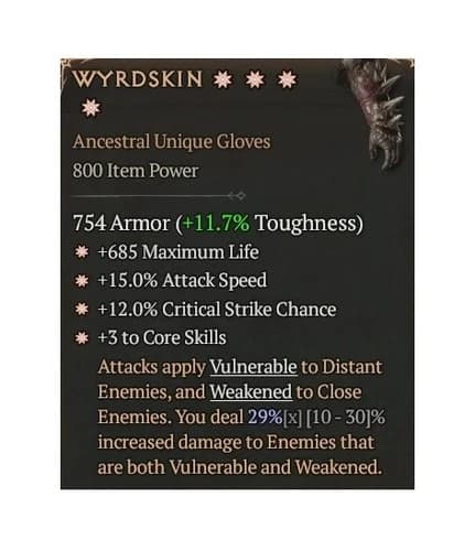 Diablo 4 Season 12 Wyrdskin 4GA 29% Ancestral Unique Gloves Item Gear Equipment