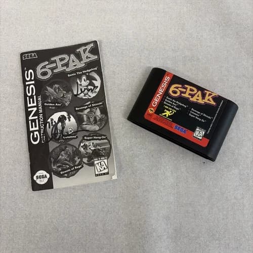 Sega Genesis 6-Pak Cartridge Sonic Streets of Rage Golden Axe Tested
