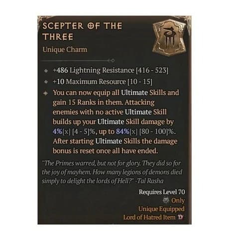 Diablo 4 S13 Scepter Of The Three 84% Unique Charm Talisman Item Gear Equipment