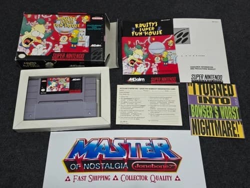 SNES KRUSTY'S SUPER FUN HOUSE Complete CIB Box Super Nintendo Game Simpsons