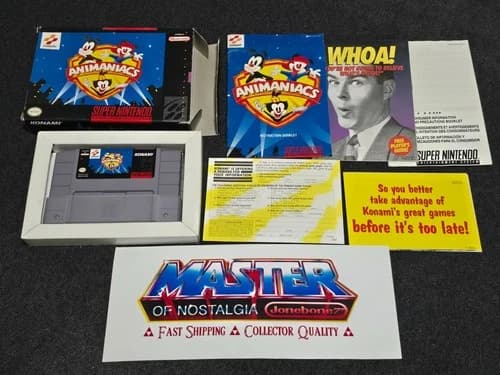 SNES ANIMANIACS Complete CIB Box Game Super Nintendo Reg Card Inserts Konami