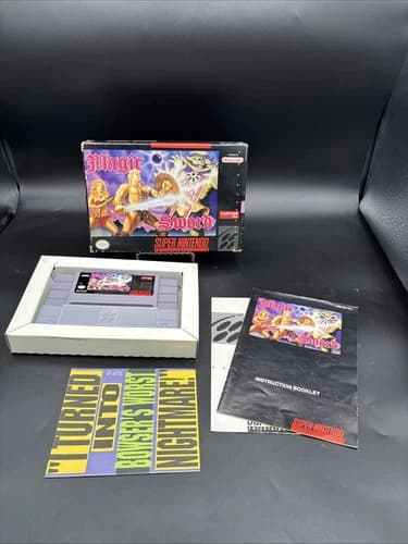 Magic Sword (SNES) Super Nintendo RARE Manual Box 2 Inserts Works Box Wear READ!