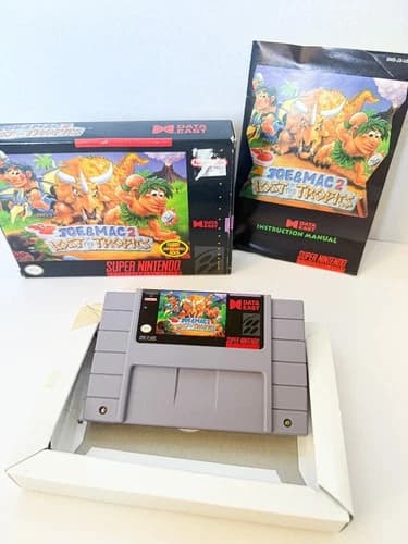 SNES Joe & Mac 2: Lost In The Tropics Cartridge In Box w/Instruction Booklet