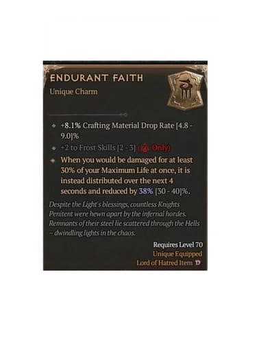 Diablo 4 Season 13 Endurant Faith 38% Unique Charm Talisman Item Gear Equipment