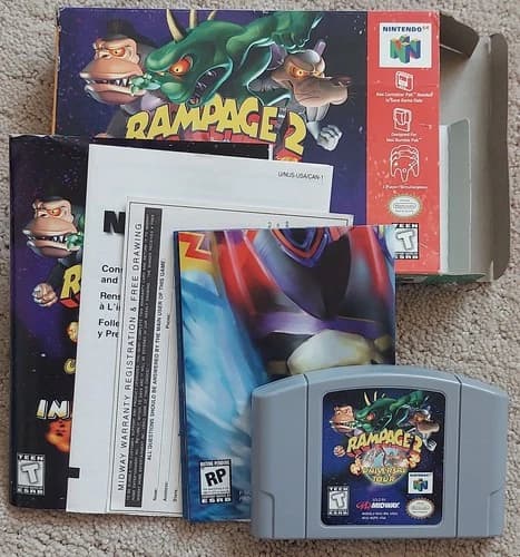 Nintendo n64 RAMPAGE 2 UNIVERSAL TOUR CIB Game Cartridge Box Manual Inserts etc
