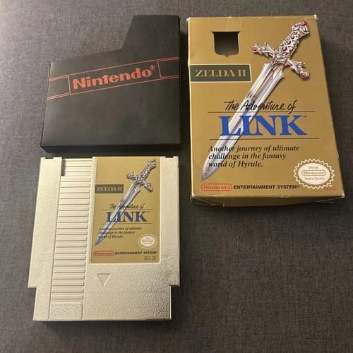 Zelda 2: The Adventure of Link NES CIB Gold Cart, box, and sleeve: tested