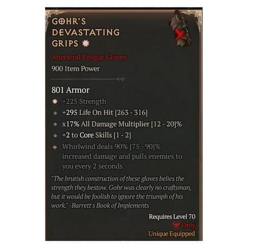 Diablo 4 S13 Gohr's Devestating Grips 1GA 90% Unique Gloves Item Gear Equipment
