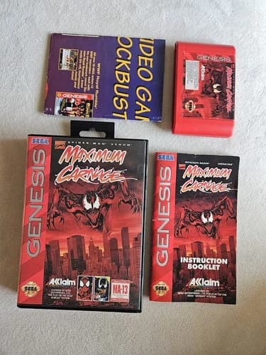 SPIDERMAN VENOM MAXIMUM CARNAGE SEGA GENESIS COMPLETE IN BOX W/ AD RED CART