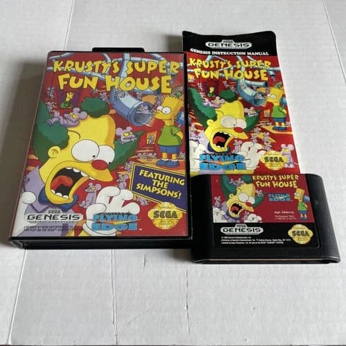 Krusty's Super Fun House Complete In Box (Sega Genesis, 1994) VG with manual