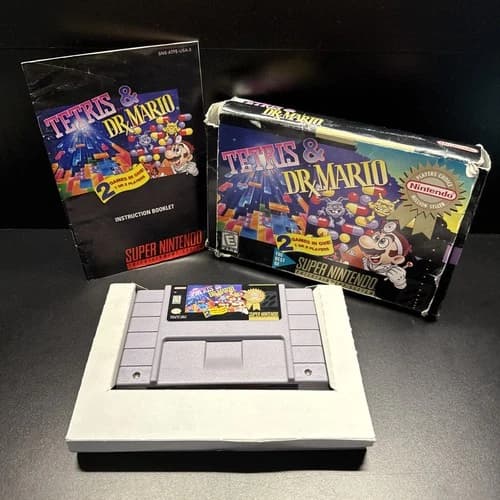 Tetris And Dr Mario SNES CIB Complete Tested Working Manual Box Tray