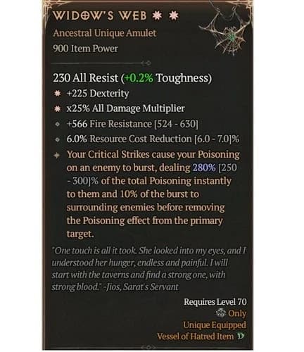 Diablo 4 Season 13 Widow's Web 2GA 280% Unique Amulet Equipment Gear Spiritborn