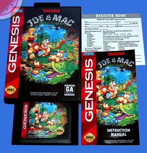 TESTED Sega GENESIS Game JOE AND MAC Cartridge Completed with NEW Box Manual Reg