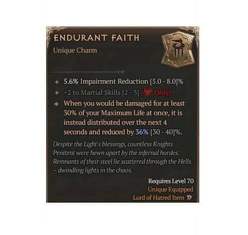 Diablo 4 Season 13 Endurant Faith 36% Unique Charm Talisman Equipment Gear Item