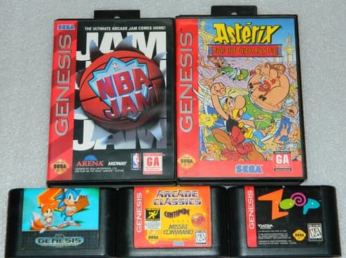 5 SEGA Genesis Games NBA JAM, Asterix, Zoop, Sonic 2, Arcade Classics TESTED