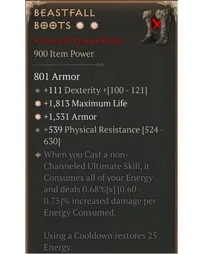 Diablo 4 S13 Beastfall Boots 2GA 0.68% Unique Boots Rogue Gear Item Equipment