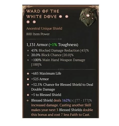 Diablo 4 Eternal Ward of The White Dove 4GA 162 Unique Shield Gear Equipment