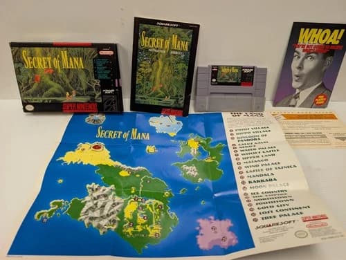 Secret Of Mana (SNES, 1993) in Box, Map, Manual, Game, 2 Inserts