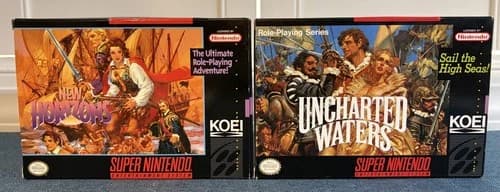 Uncharted Waters AND New Horizons SNES CIB w/ manuals, posters, cards ~ Nintendo