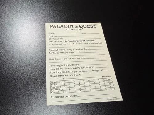 Paladins Quest Nintendo SNES ENI-SNS-LN-US Rare Registration Impressions Card