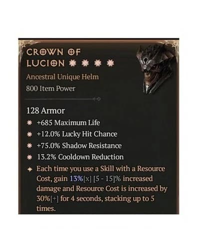 Diablo 4 Season 12 Crown Of Lucion 4GA 13% Ancestral Unique Helm Gear Equipment