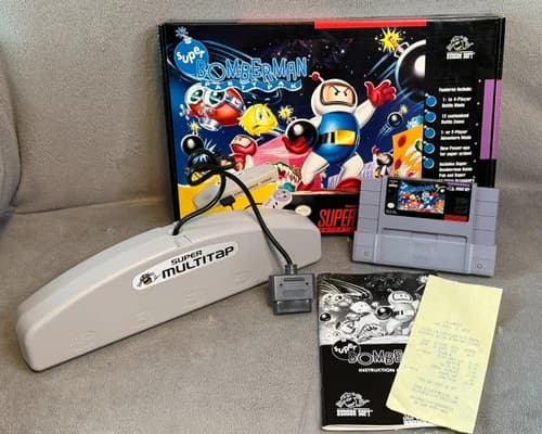 Super Bomberman SNES Party Pak Complete Multitap Box Manual w/ Orginial Receipt