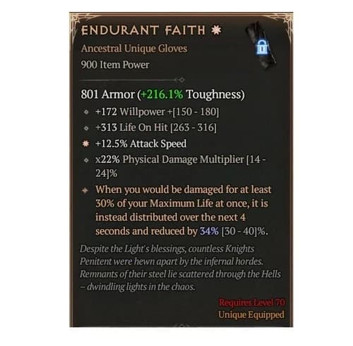 Diablo 4 Season 13 Endurant Faith 1GA 34% Unique Gloves Warlock Gear Equipment