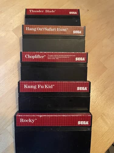 Kung Fu Kid, Rocky, Hang On/Safari Hunt, Choplifter, Thunder Blade (Sega Master)