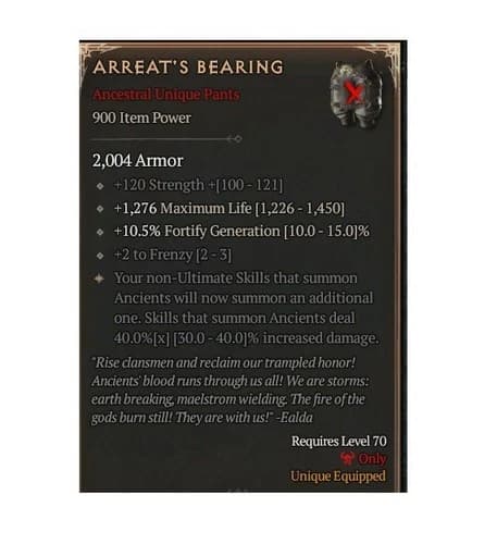 Diablo 4 Season 13 Arreat's Bearing 40% Unique Pants Barbarian Gear Equipment