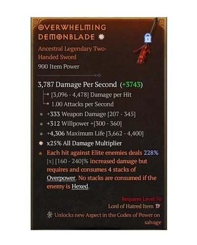 Diablo 4 S13 Overwhelming Demonblade 1GA Legendary Sword Item Gear Equipment