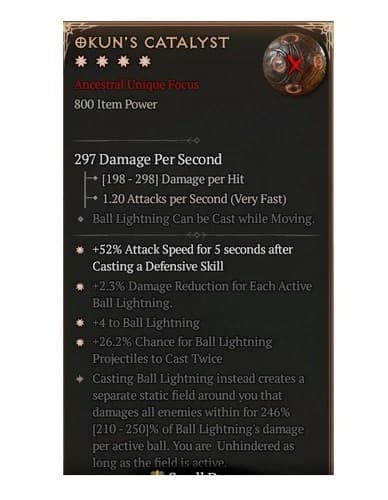 Diablo 4 Season 12 Okun's Catalyst 4GA 246% Unique Focus Sorcerer Gear Off Hand