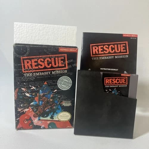 Rescue The Embassy Mission Complete CIB Nintendo Nes Game box manual Styrofoam ￼