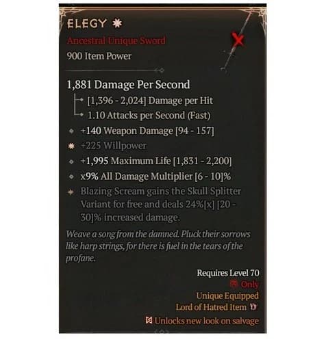 Diablo 4 Season 13 Elegy 1GA 24% Unique Sword Item Warlock Weapon Gear Equipment