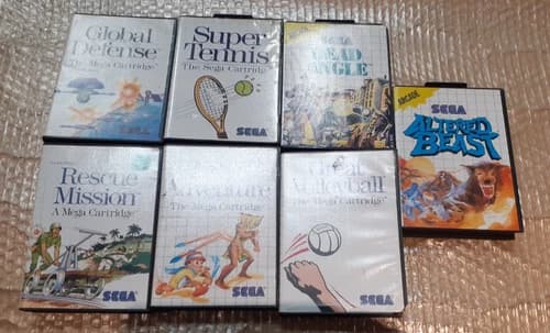Sega Master System Global Defense+Dead Angle+Rescue Mission+Aztec+Tennis+Volleyball+