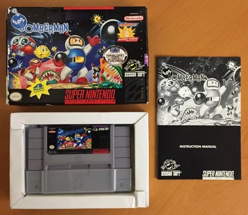 COMPLETE Super Bomberman NINTENDO SNES Manual CIB Hudson Soft w/ BOX PROTECTOR