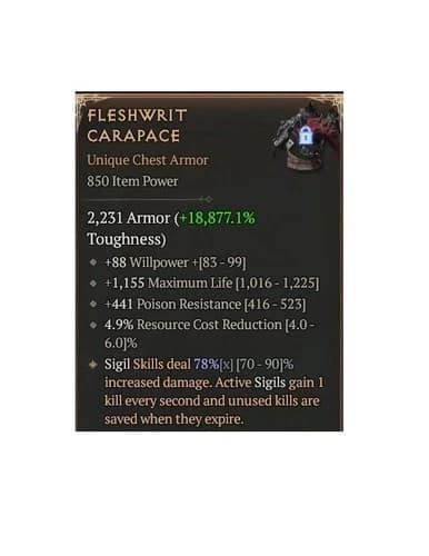 Diablo 4 Season 13 Fleshwrit Carapace 0GA 78% Unique Chest Armor Gear Equipment