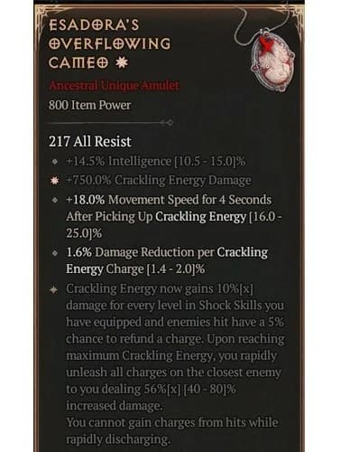 Diablo 4 S12 Esadora's Overflowing Cameo 1GA 56 Sorcerer Unique Amulet Item Gear