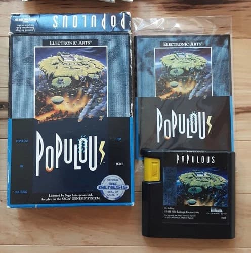 Sega Genesis - POPULOUS EA (Complete - Box, manual, game cartridge) Tested/Works