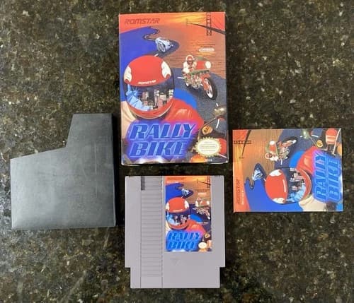 NES Rally Bike Nintendo Game w/Box, Manual, Sleeve 1990 Romstar - Works!