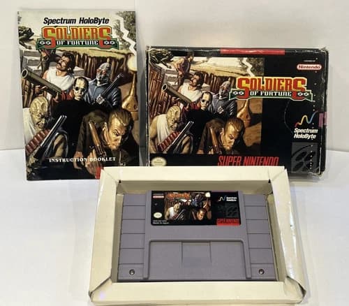 SOLDIERS OF FORTUNE (Super Nintendo) COMPLETE CIB! RARE! Tested! Authentic!